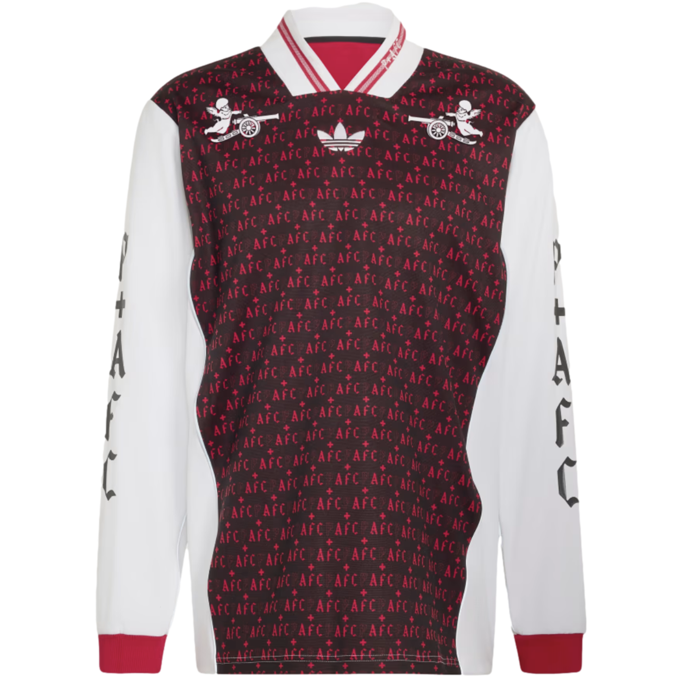 Long-sleeve maroon and white jersey with a repeating 'AFC' pattern and cherub cannon logos on the chest. Gothic 'AFC' lettering lines the white sleeves.