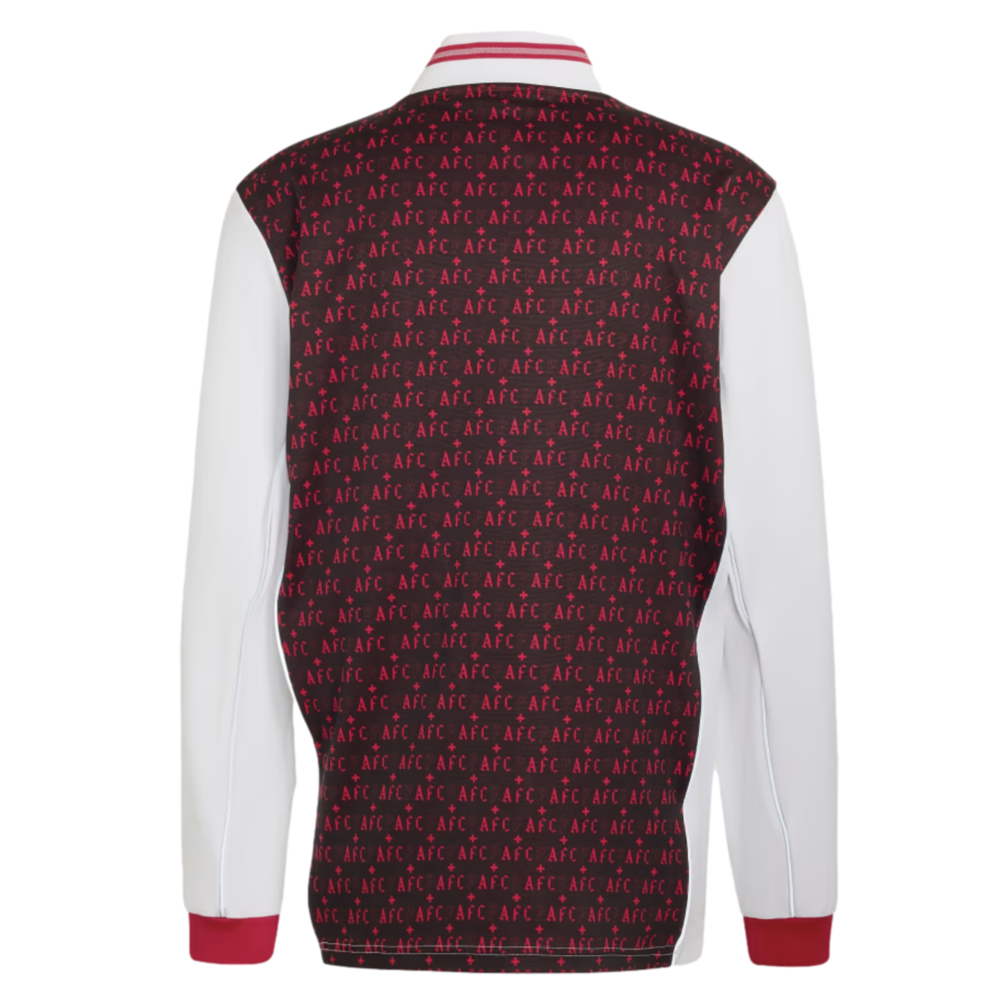 Back view of a sports top with a dark, red-patterned body featuring "AFC" text, white long sleeves, red cuffs, and a red-and-white striped collar.