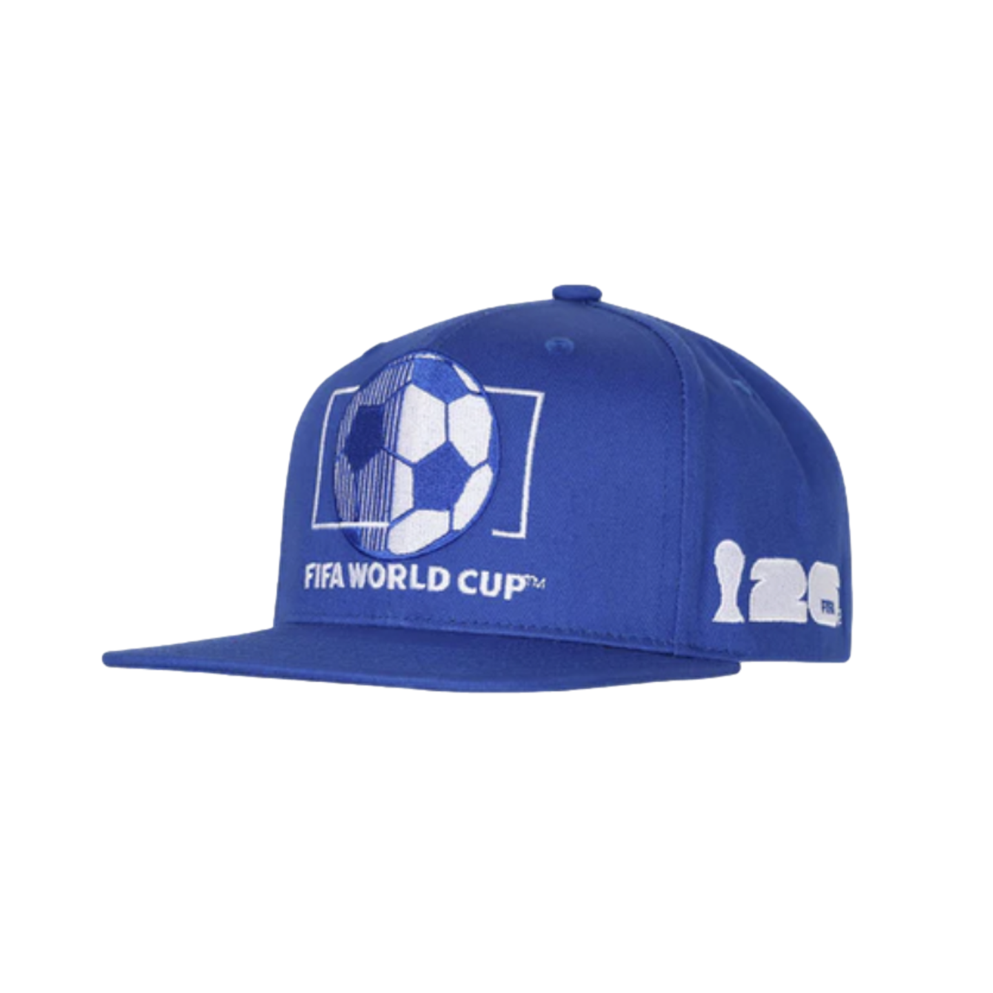 Blue flat-brimmed cap featuring white embroidery of a soccer ball and "FIFA WORLD CUP" on the front, and a 2026 World Cup trophy logo on the side.