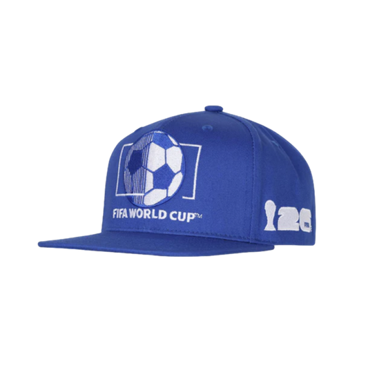 Blue flat-brimmed cap featuring white embroidery of a soccer ball and "FIFA WORLD CUP" on the front, and a 2026 World Cup trophy logo on the side.