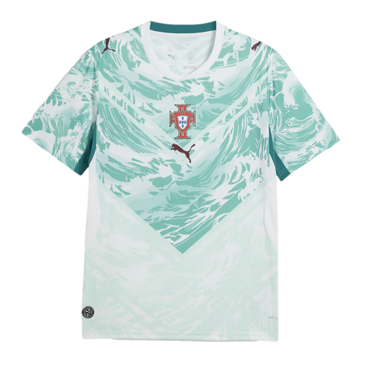 A white and teal Puma soccer jersey for the Portugal national team, featuring a stylized wave-like chevron pattern. The red and blue FPF crest is centered on the chest above a maroon Puma logo.