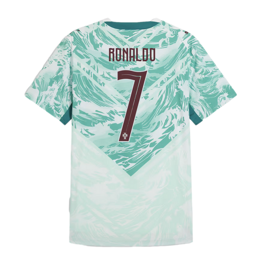 The back of a mint green Portugal national team soccer jersey featuring a maroon name "RONALDO" and number "7". The shirt has a dynamic, wavy teal pattern on the upper half that transitions into a lighter, faded pattern at the bottom along a V-shaped line