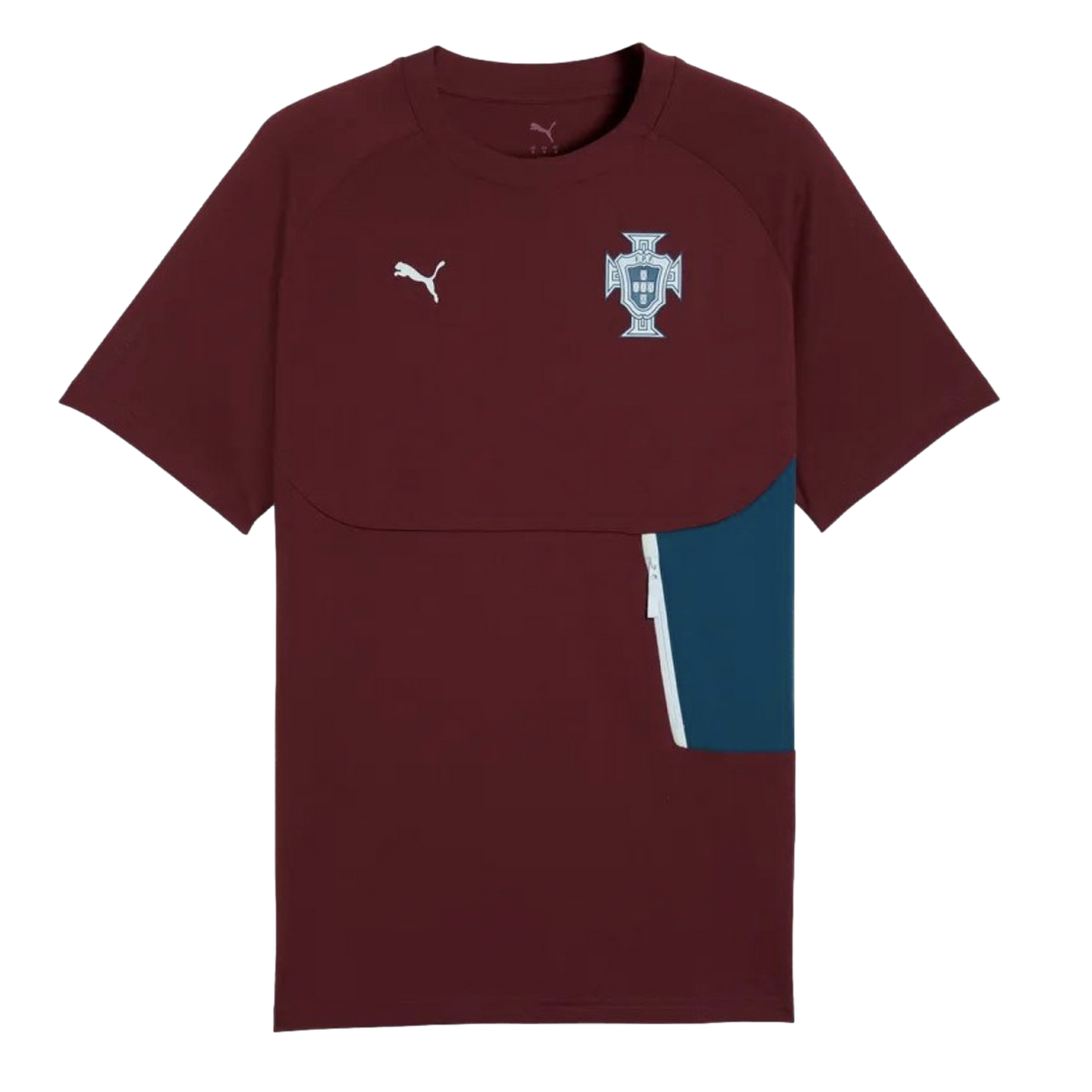 A burgundy Puma short-sleeved t-shirt with the Portuguese Football Federation crest on the left chest and a teal side panel on the right.