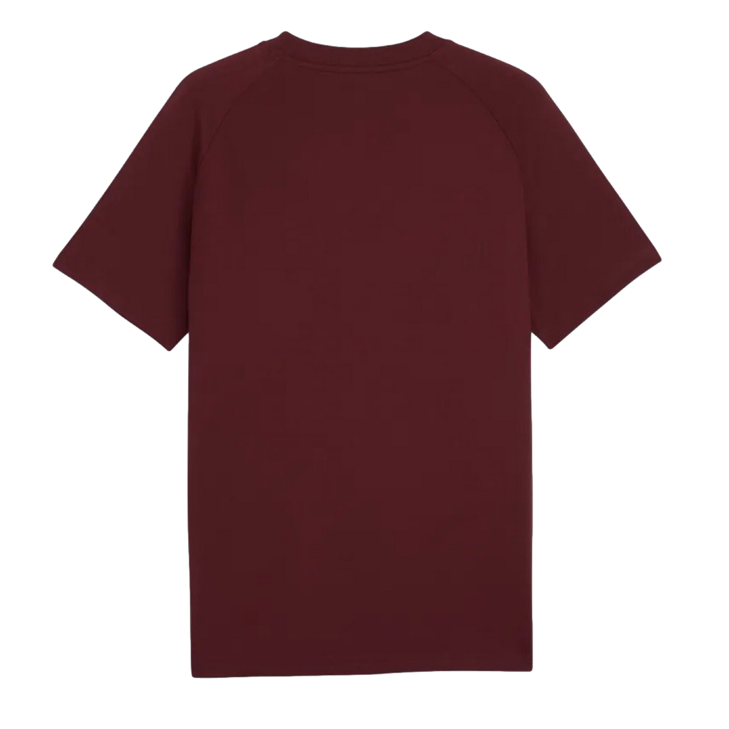 A back view of a maroon, short-sleeved raglan t-shirt against a black background.