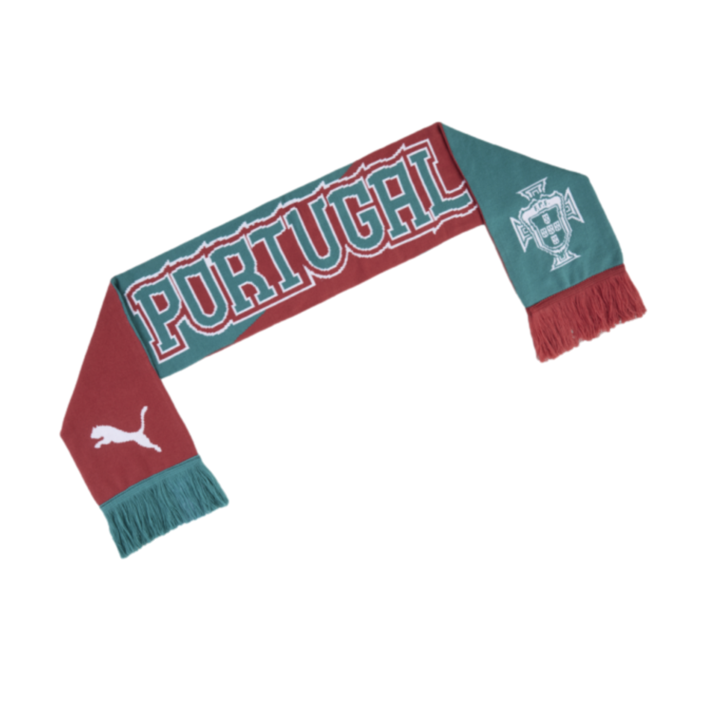 A red and teal sports scarf featuring "PORTUGAL" in large block letters across the center. One end displays a white Puma logo on a red background with teal fringe, while the other shows a white Portuguese national football team crest on a teal background 