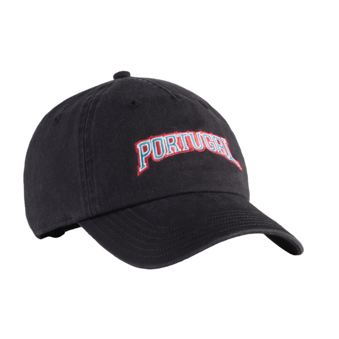 A black, washed-cotton baseball cap with "PORTUGAL" embroidered in an arch across the front. The letters are light blue with a red outline.