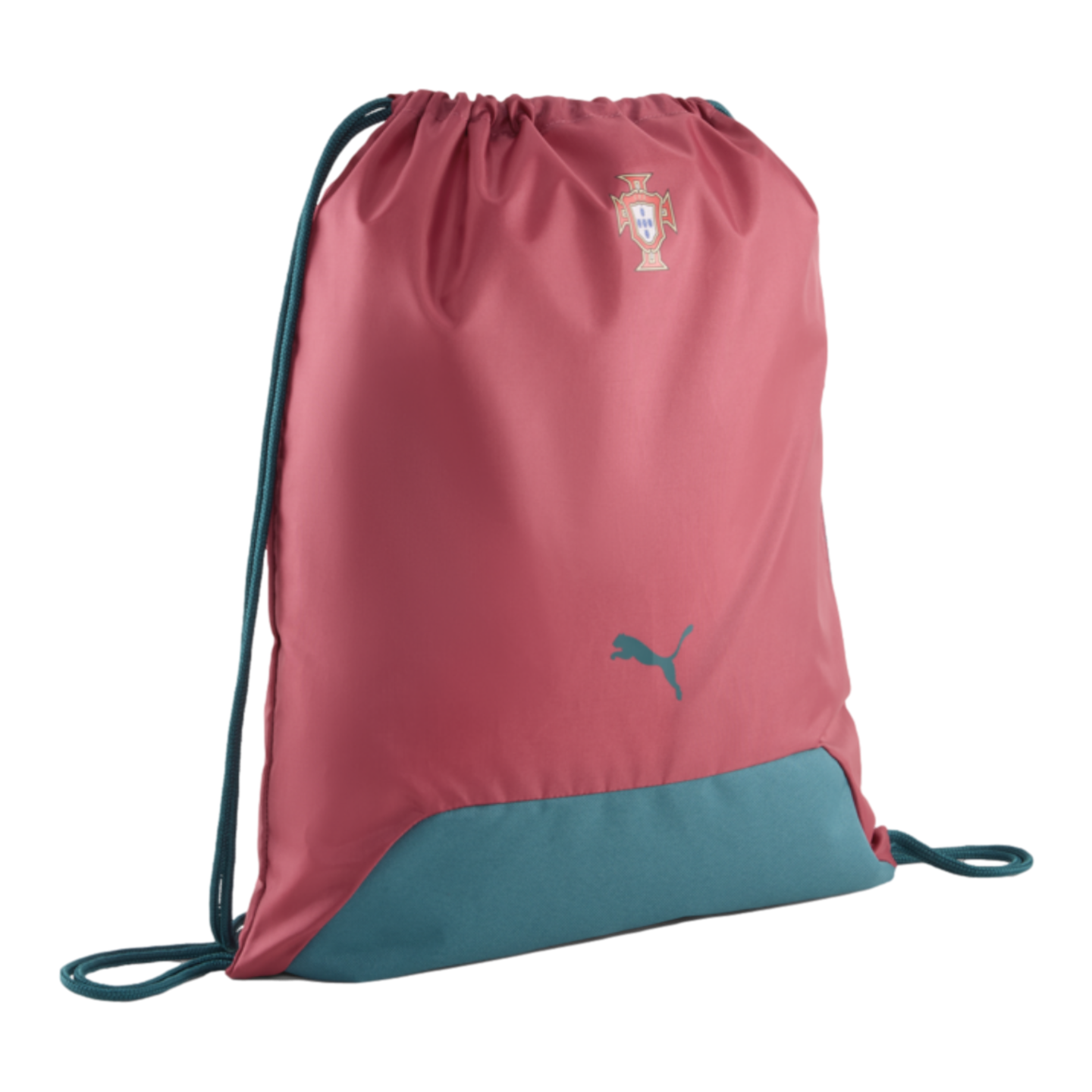 A reddish-pink and teal drawstring gym bag shown against a black background. The bag features a teal base and drawstrings, with the Portugal national football team crest printed at the top center and a teal Puma logo on the lower right.