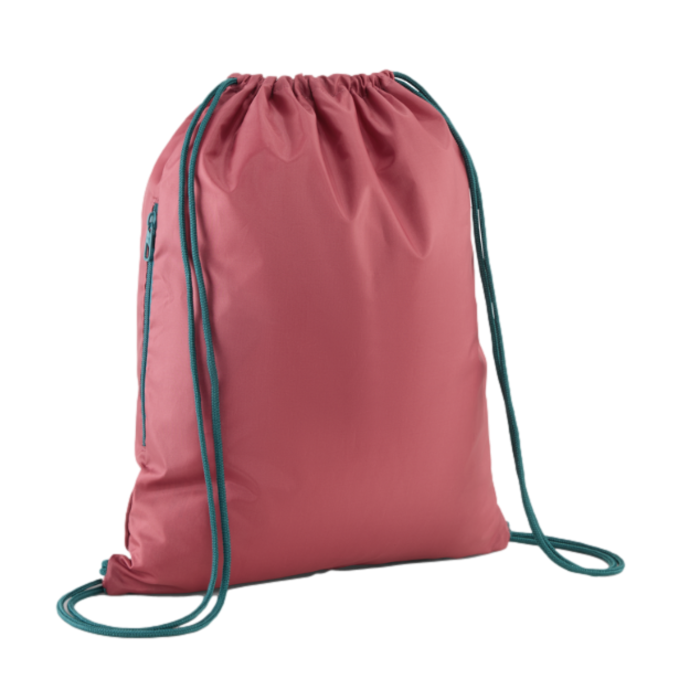 A dusty rose drawstring bag with dark teal straps and a vertical side zipper, set against a solid black background.