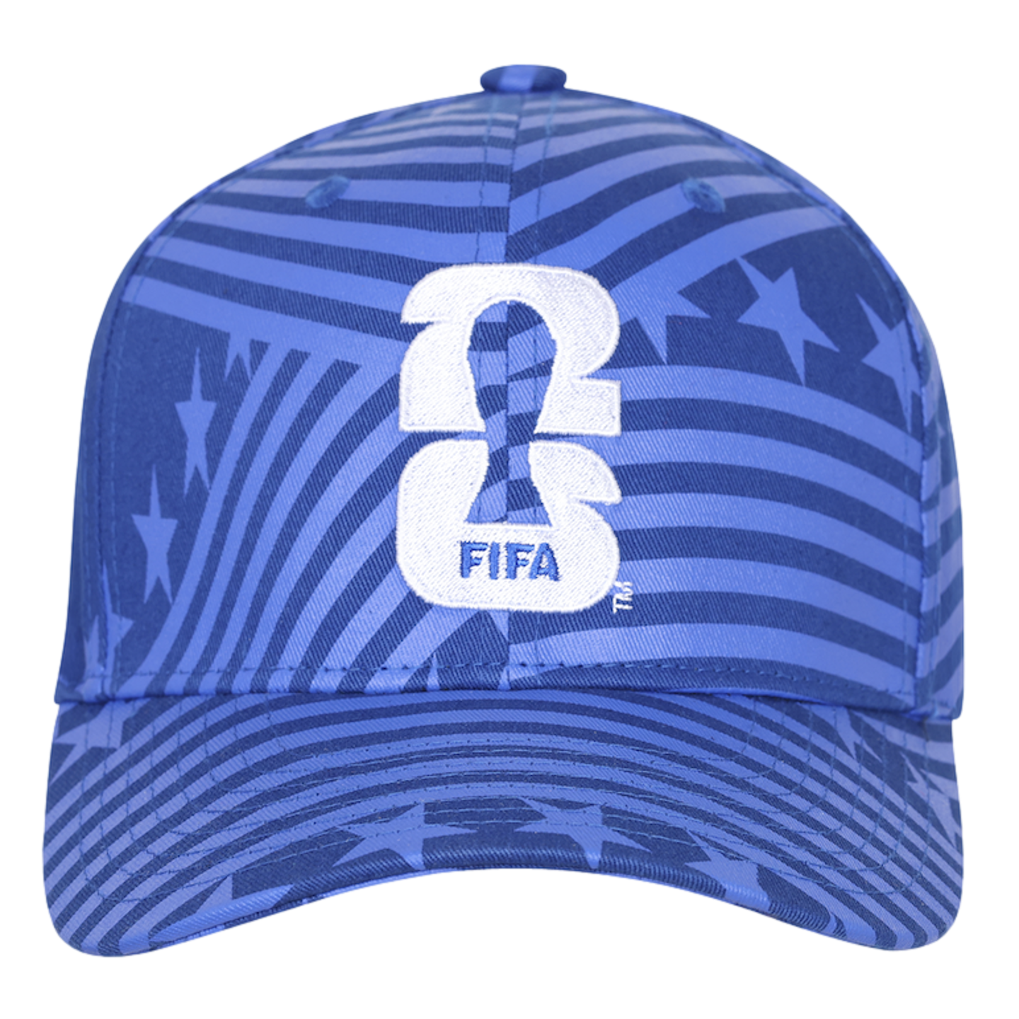 A blue baseball cap featuring a tone-on-tone pattern of stripes and stars. Centered on the front is a large white embroidered "26" logo that incorporates a silhouette of the FIFA World Cup trophy, with the word "FIFA" embroidered in blue at the bottom.