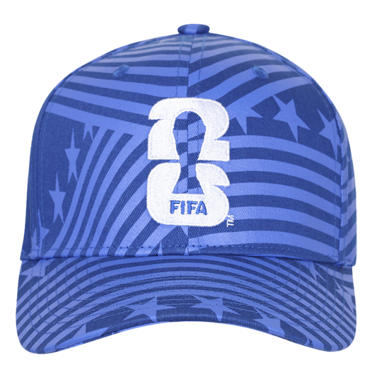 A blue baseball cap featuring a tone-on-tone pattern of stripes and stars. Centered on the front is a large white embroidered "26" logo that incorporates a silhouette of the FIFA World Cup trophy, with the word "FIFA" embroidered in blue at the bottom.
