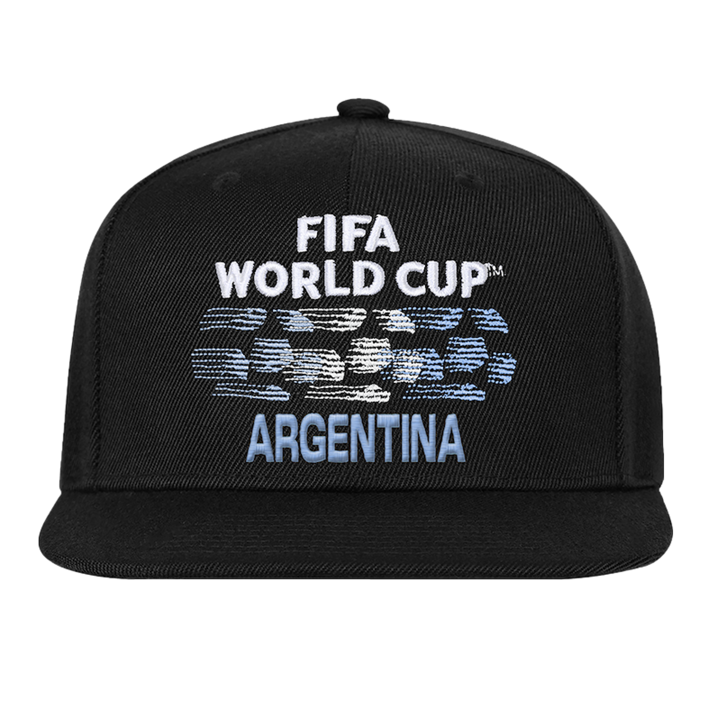 A black snapback cap with white embroidered text reading "FIFA WORLD CUP" above a light blue and white brushstroke design and "ARGENTINA" in light blue.