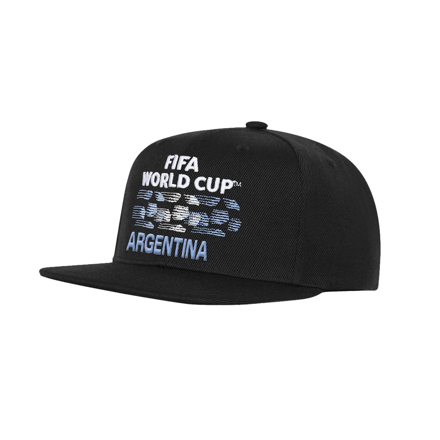 A black flat-brim baseball cap featuring embroidered text on the front: "FIFA WORLD CUP" in white and "ARGENTINA" in light blue, separated by a stylized graphic of light blue and white dashed lines.