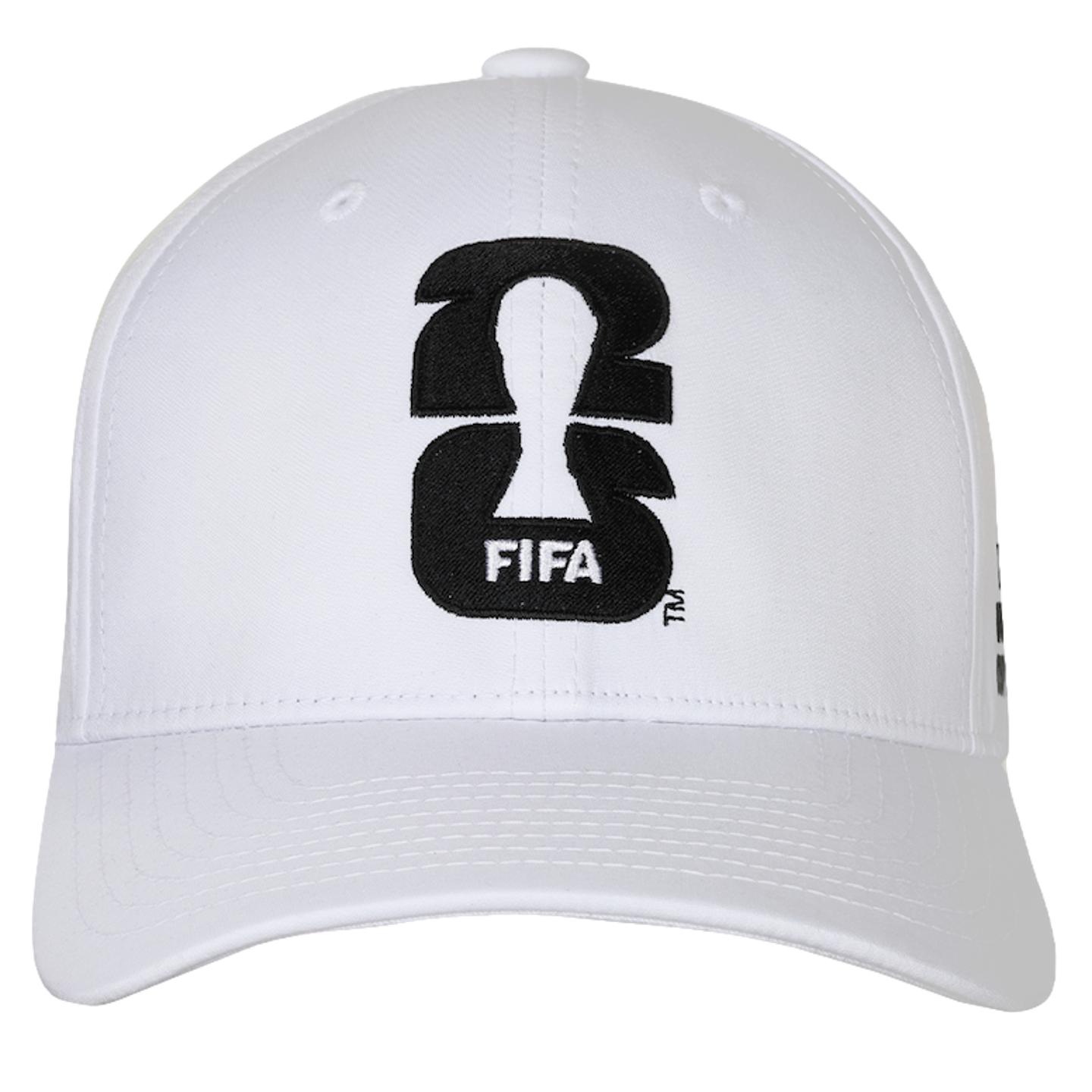 A white structured baseball cap with a curved brim, featuring the black and white logo for the FIFA World Cup 26 on the front. The logo consists of a black "2" stacked on top of a black "6" with the silhouette of the World Cup trophy in white negative spa