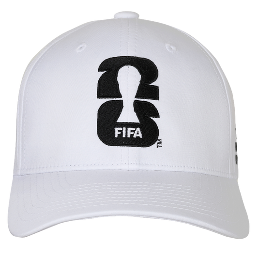 A white structured baseball cap with a curved brim, featuring the black and white logo for the FIFA World Cup 26 on the front. The logo consists of a black "2" stacked on top of a black "6" with the silhouette of the World Cup trophy in white negative spa