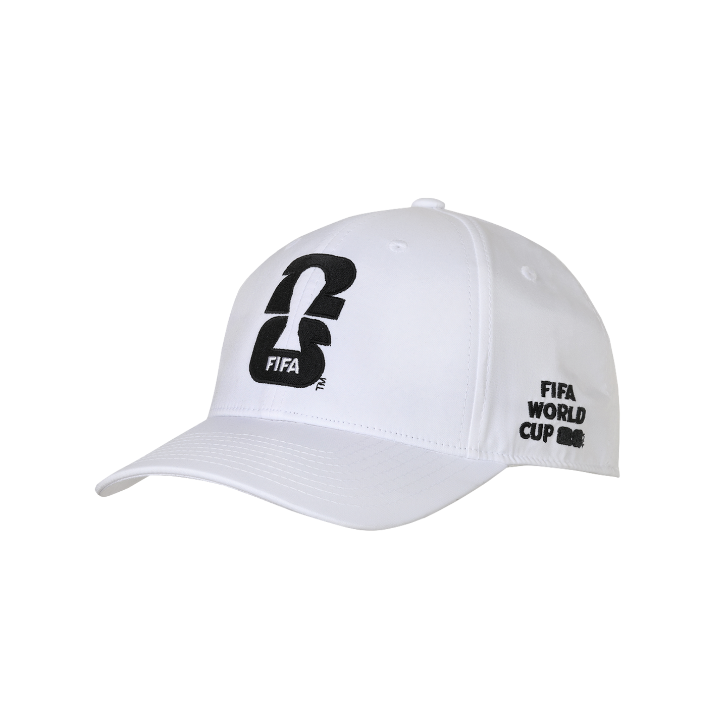 A white baseball cap featuring a black FIFA World Cup 2026 logo on the front and text on the side, displayed against a solid black background.
