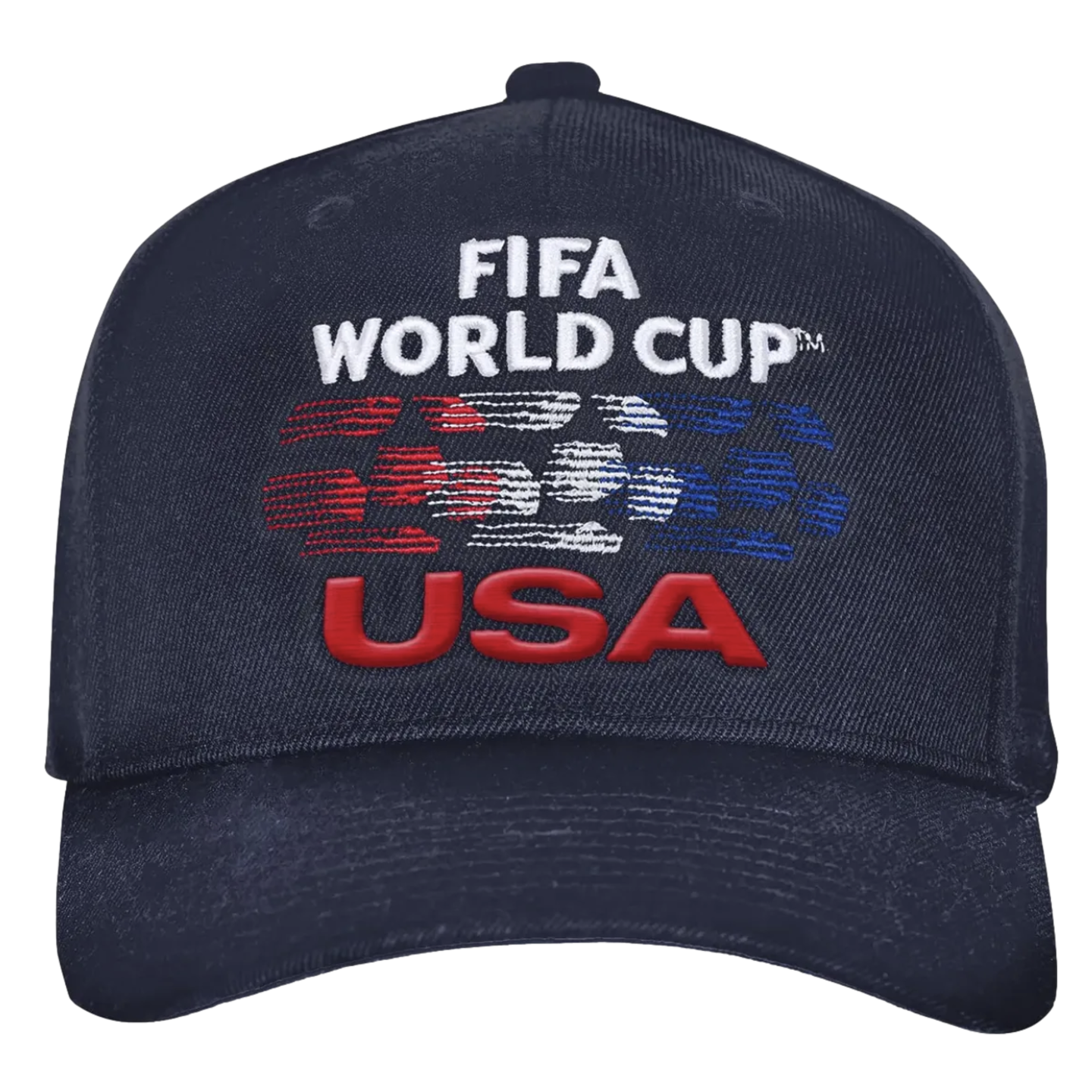 A navy blue baseball cap with white embroidered "FIFA WORLD CUP" text above a stylized red, white, and blue graphic soccer ball and large, raised red "USA" lettering.