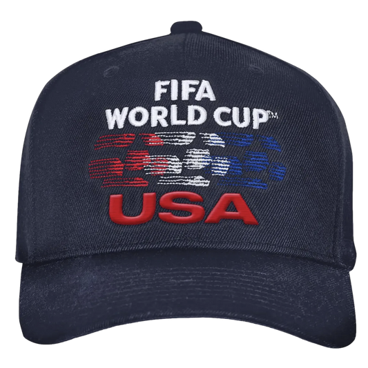 A navy blue baseball cap with white embroidered "FIFA WORLD CUP" text above a stylized red, white, and blue graphic soccer ball and large, raised red "USA" lettering.