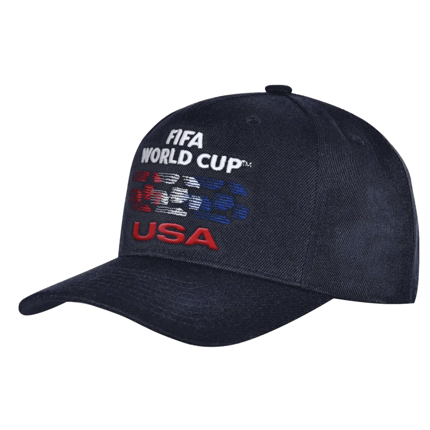 A navy blue baseball cap featuring white "FIFA WORLD CUP" text above a stylized red, white, and blue soccer ball graphic and the word "USA" in bold red letters.