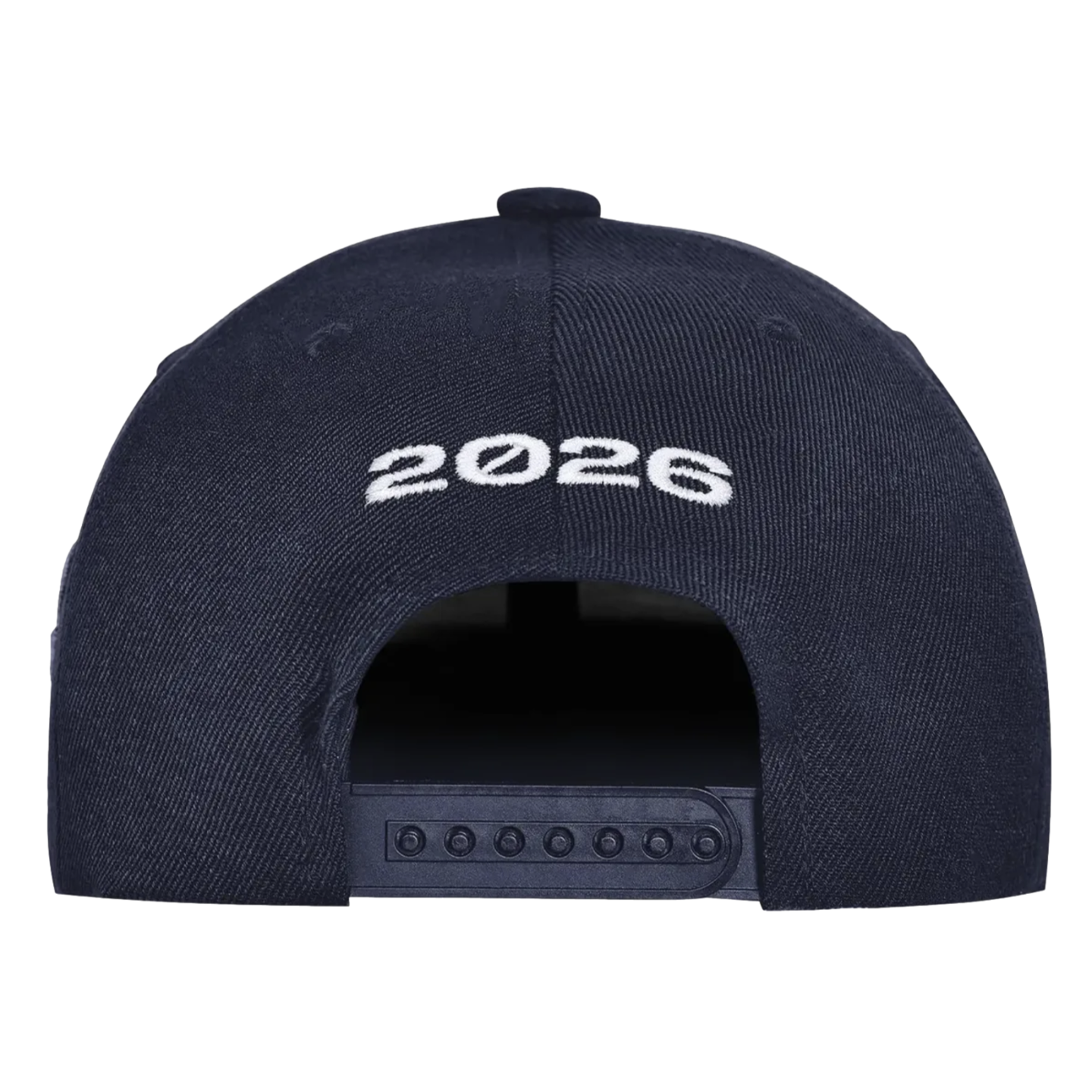 The back view of a navy blue snapback baseball cap with the year "2026" embroidered in white text above the plastic adjustable strap, set against a solid black background.