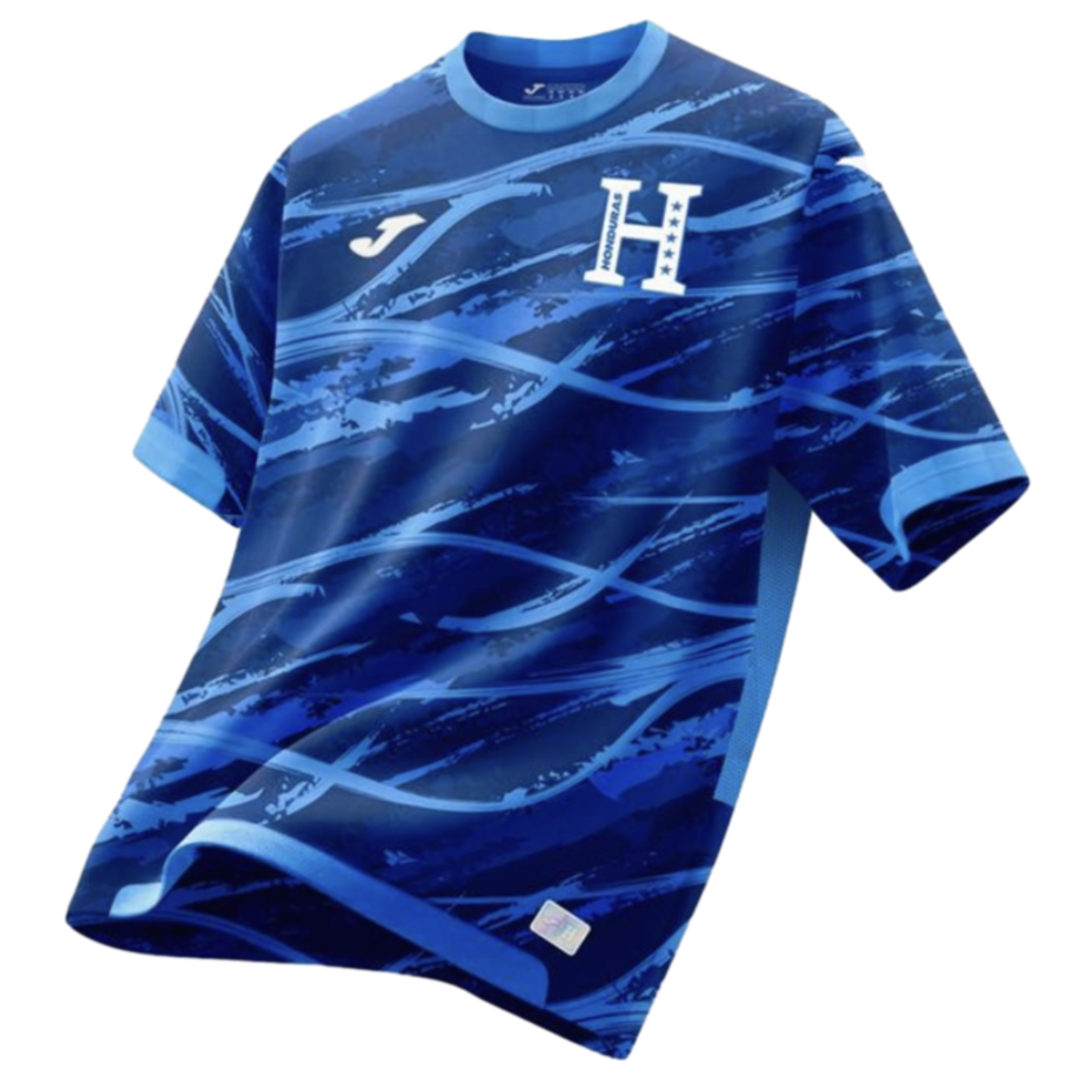 A blue Honduras national team soccer jersey featuring a wavy, brushstroke-style pattern in varying shades of blue. It displays a white Joma logo on the right chest and a white "H" crest with five stars on the left chest.