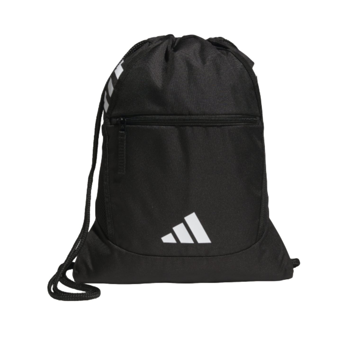 A black Adidas drawstring gym bag with a white logo on the front, a zippered pocket, and three white stripes on the side, set against a black background.