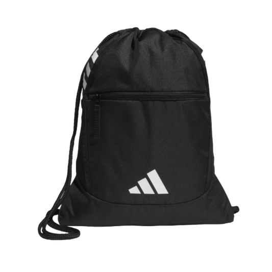 A black Adidas drawstring gym bag with a white logo on the front, a zippered pocket, and three white stripes on the side, set against a black background.