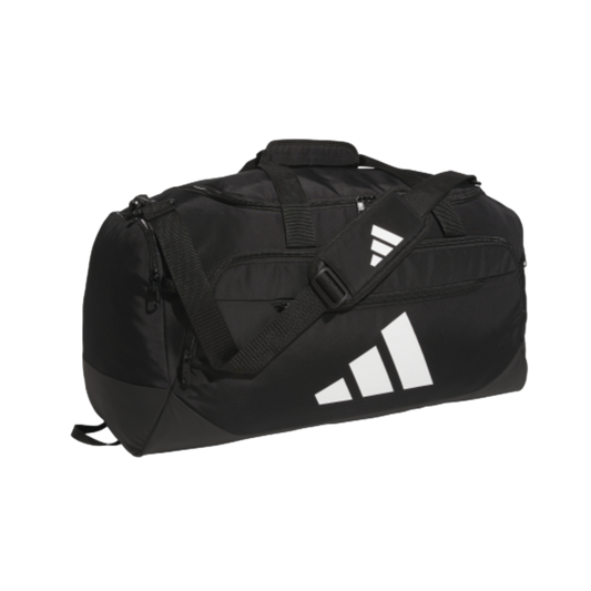 A black Adidas duffel bag with a large white three-stripe logo on the front and a padded shoulder strap against a black background.
