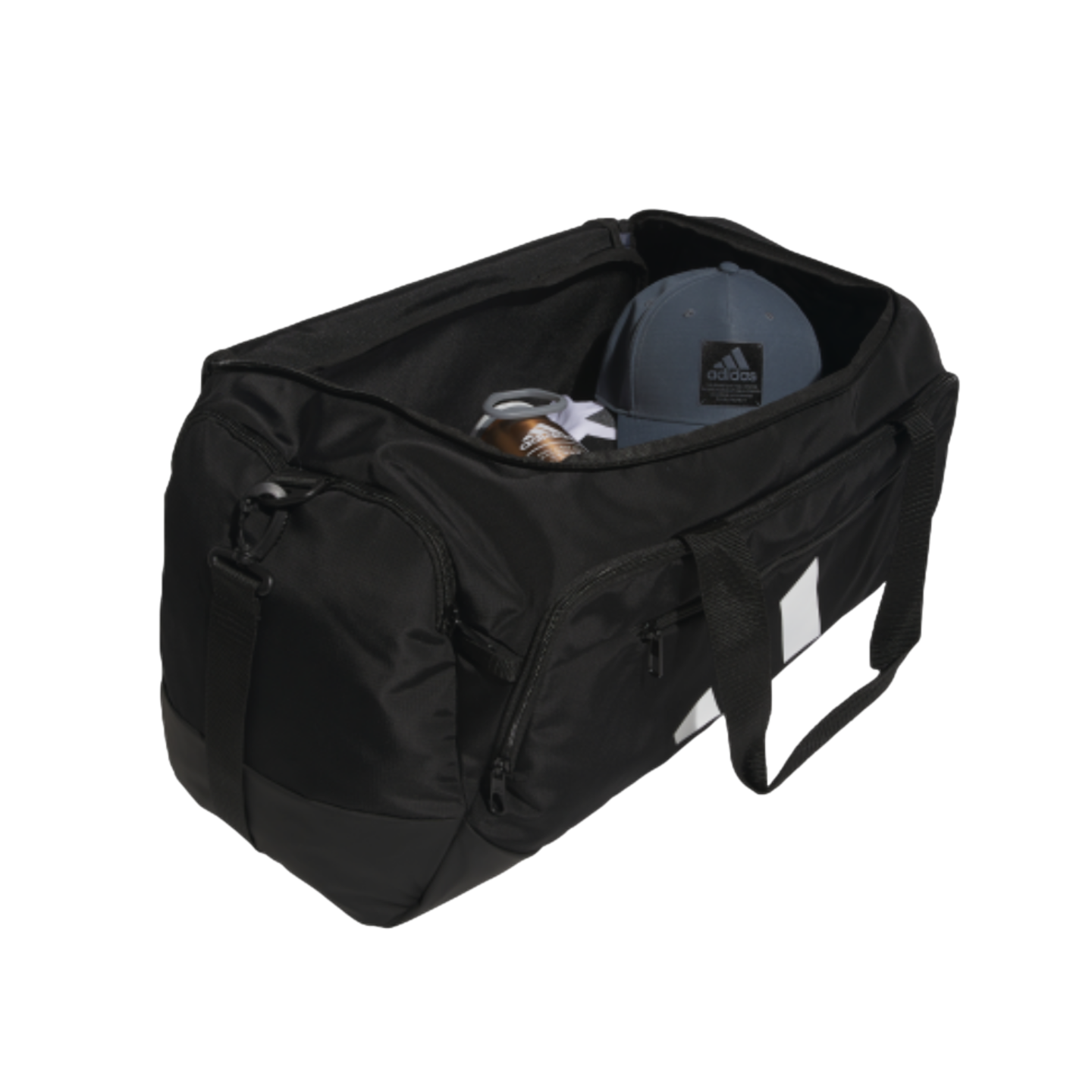 An open black Adidas duffel bag containing a grey Adidas cap and a brown water bottle, set against a black background. The bag features white stripes and a black shoulder strap.