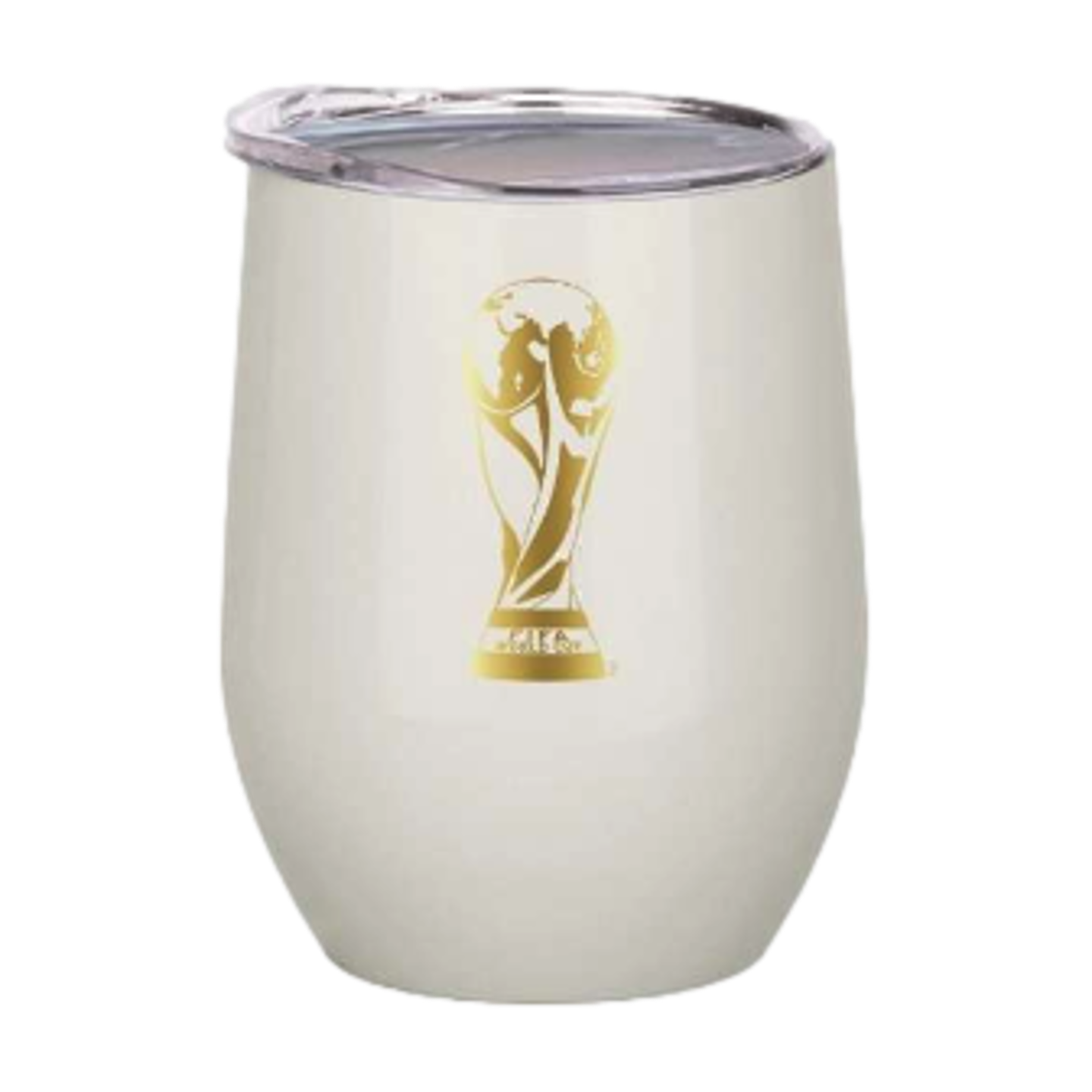 An off-white insulated tumbler with a clear lid, featuring a gold FIFA World Cup trophy logo on its side.