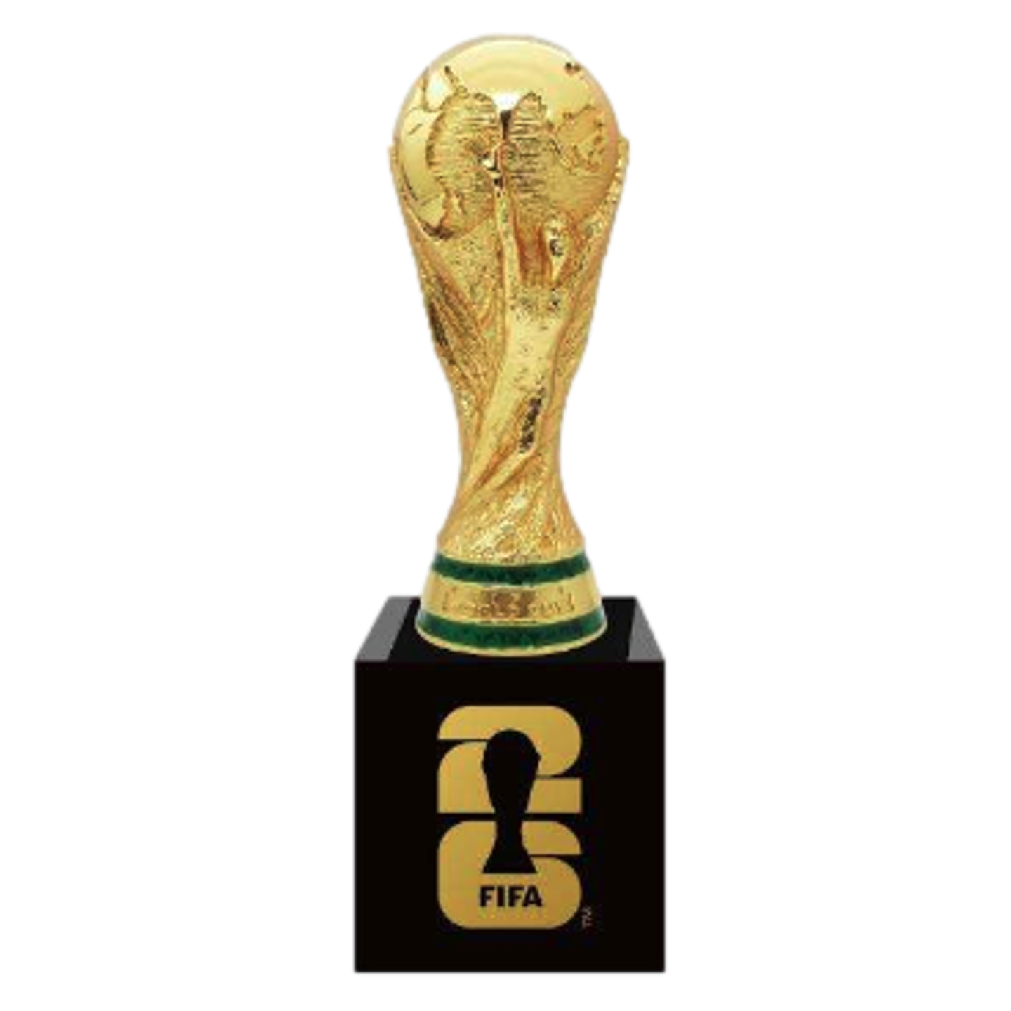 The gold FIFA World Cup Trophy sits on a black pedestal featuring the official 2026 FIFA World Cup logo against a solid black background.