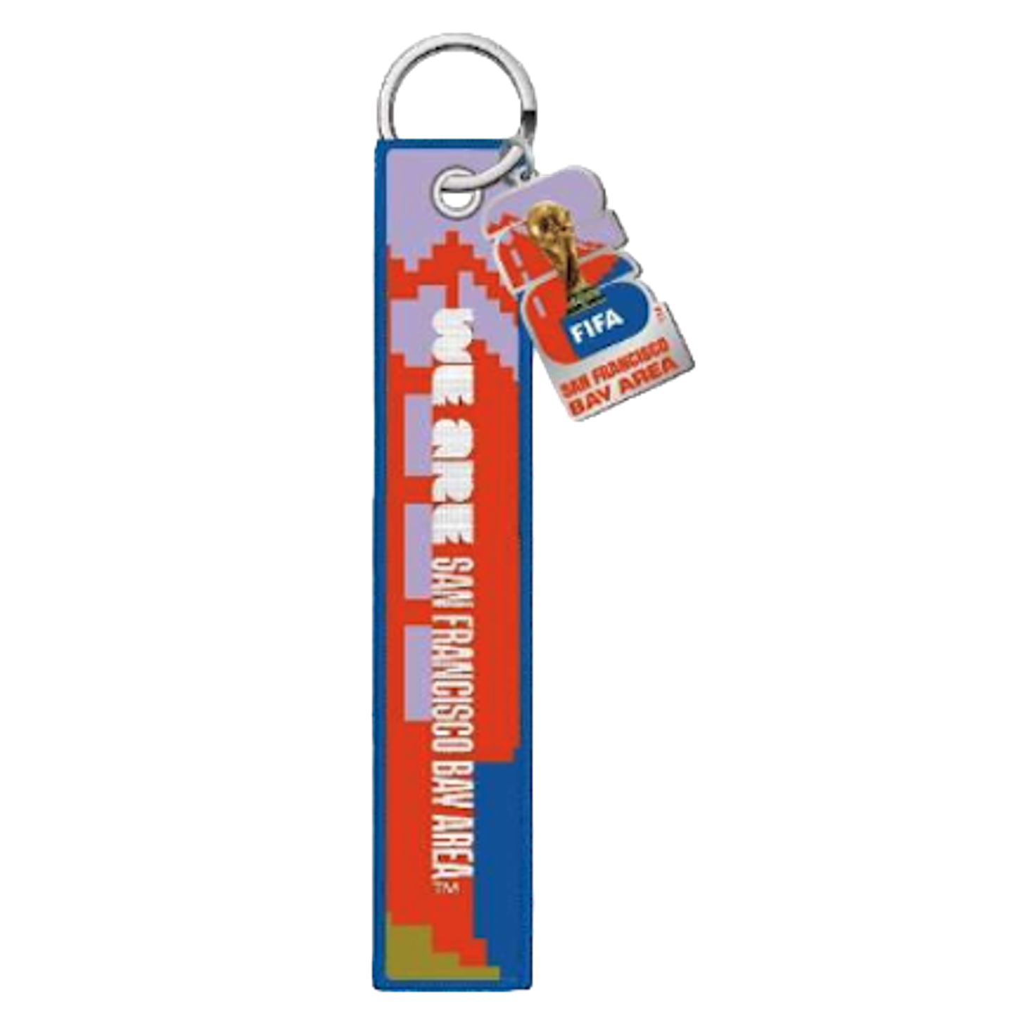 A keychain featuring a long blue fabric strap and a smaller charm. The strap has a red and purple pixelated design and white text that reads "WE ARE SAN FRANCISCO BAY AREA". The smaller charm displays the FIFA World Cup 26 logo, a gold trophy image, and "