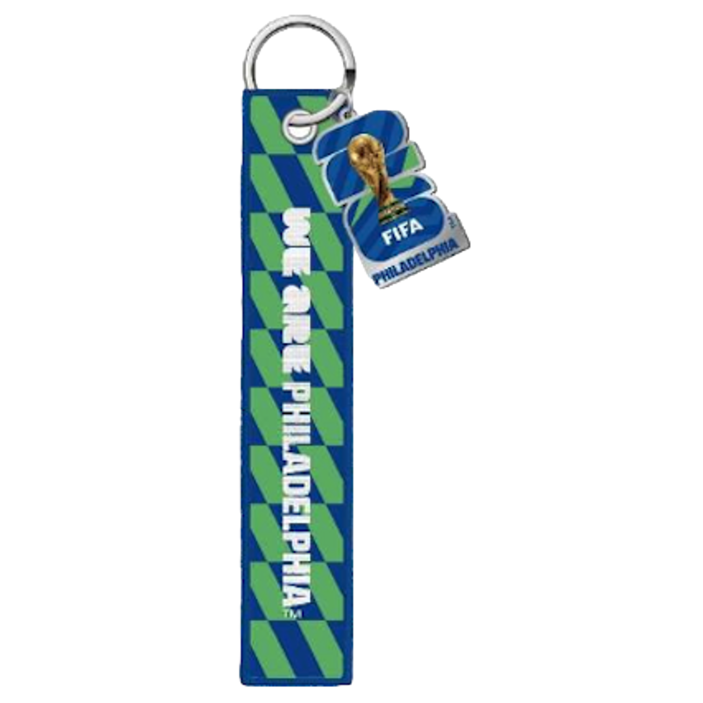 A blue and green patterned keychain with a long fabric strap reading "WE ARE PHILADELPHIA" and a small charm featuring the FIFA World Cup trophy and "FIFA PHILADELPHIA."