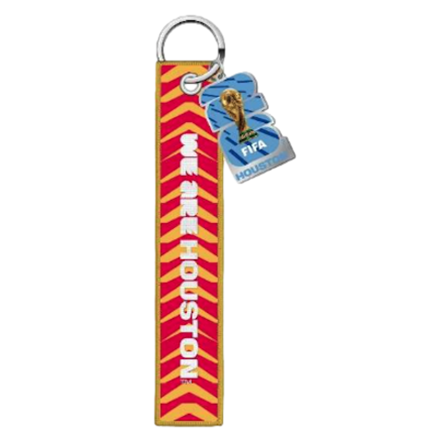 A FIFA World Cup 2026 keychain featuring a red and yellow fabric strap with the text "WE ARE HOUSTON" and a blue "26" charm with the World Cup trophy.