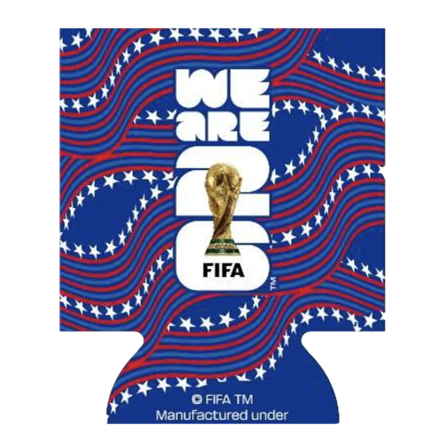 A promotional graphic for the FIFA World Cup 2026 in the shape of a can cooler. Large white text reads "WE ARE 26" with the FIFA World Cup trophy graphic centered in the middle. The background features a pattern of wavy blue, red, and white stripes with w