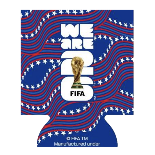 A promotional graphic for the FIFA World Cup 2026 in the shape of a can cooler. Large white text reads "WE ARE 26" with the FIFA World Cup trophy graphic centered in the middle. The background features a pattern of wavy blue, red, and white stripes with w