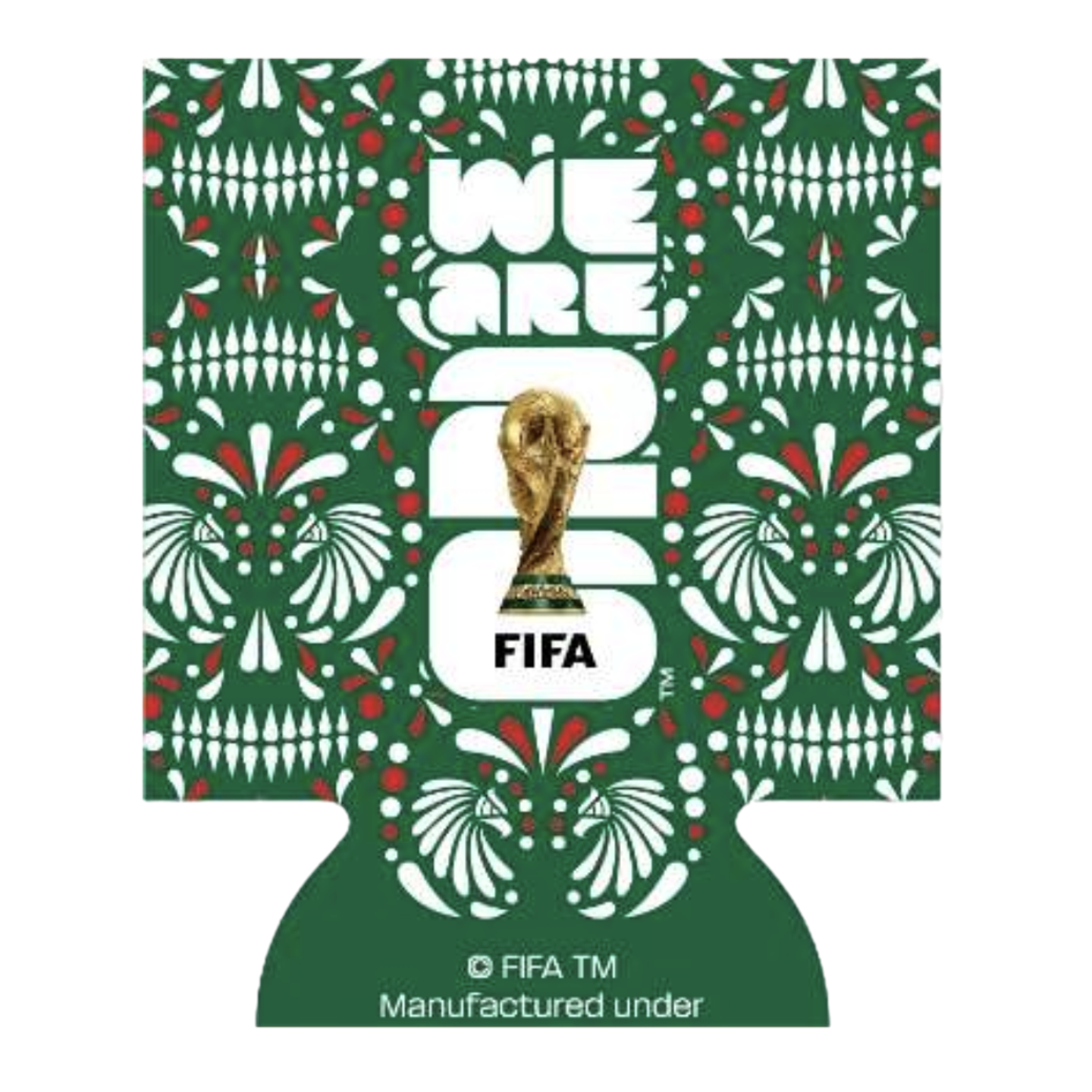 A green can cooler sleeve featuring a white and red repeating pattern of stylized skulls. In the center, large white text reads "WE ARE 26" with an image of the gold FIFA World Cup trophy positioned within the "26". The FIFA logo is printed below the text