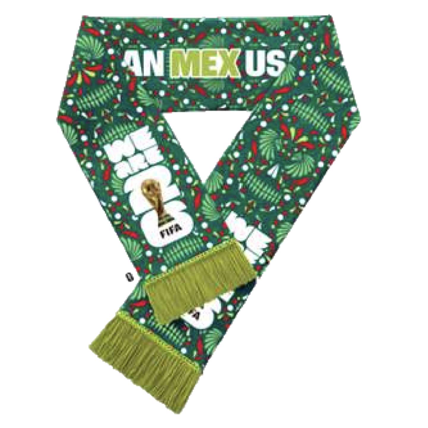 A green scarf featuring stylized floral patterns and the text "CAN MEX USA" and "WE ARE 26" with a FIFA World Cup trophy logo. The scarf is finished with lime green fringe on both ends.