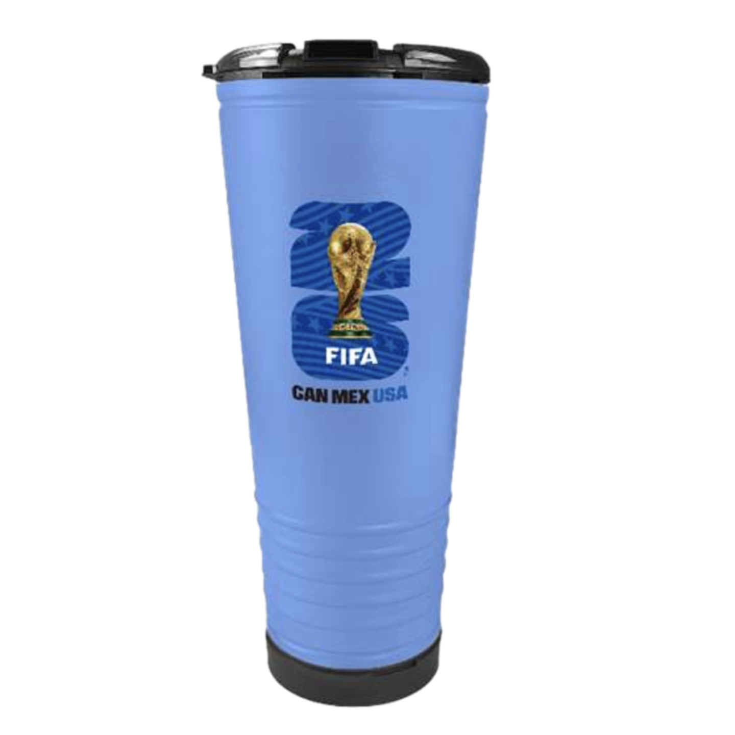 A light blue travel tumbler featuring the FIFA World Cup 2026 logo. The logo depicts a golden trophy over a large blue "26" with white stars and wavy stripes. Beneath the trophy is the word "FIFA" in white, and the text "CAN MEX USA" is printed below in b