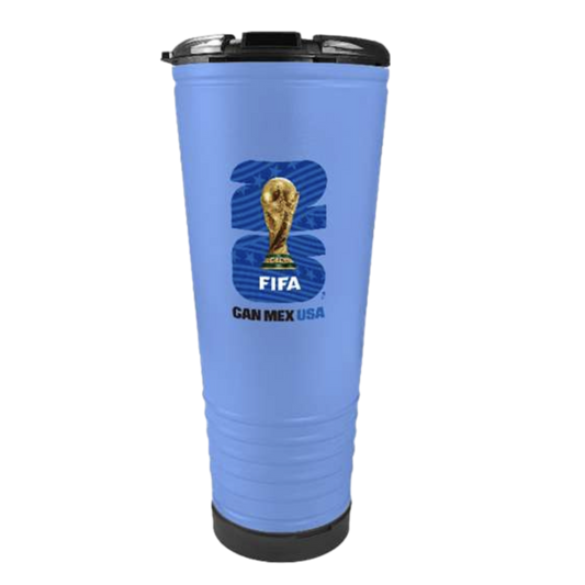 A light blue travel tumbler featuring the FIFA World Cup 2026 logo. The logo depicts a golden trophy over a large blue "26" with white stars and wavy stripes. Beneath the trophy is the word "FIFA" in white, and the text "CAN MEX USA" is printed below in b