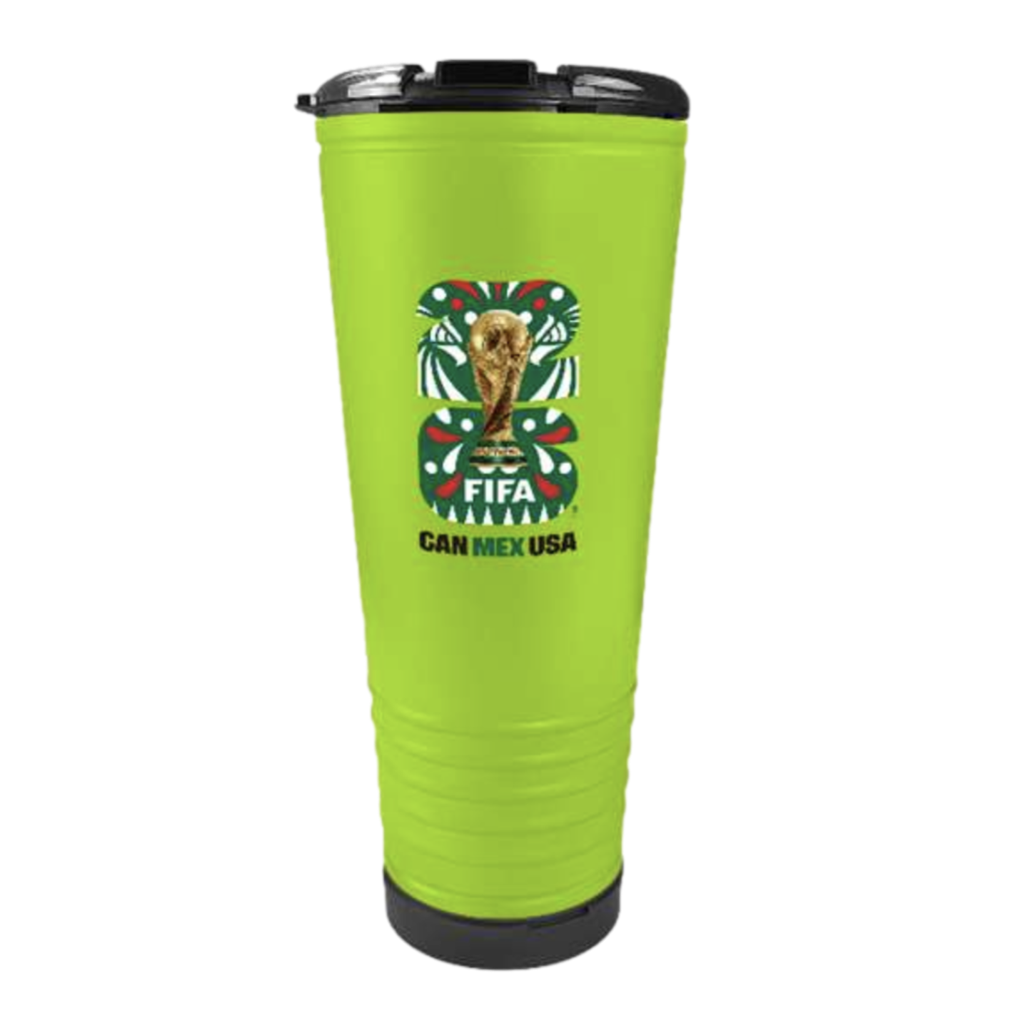 A lime green travel tumbler featuring the 2026 FIFA World Cup logo and the text "CAN MEX USA" on the front. It has a black lid and base.