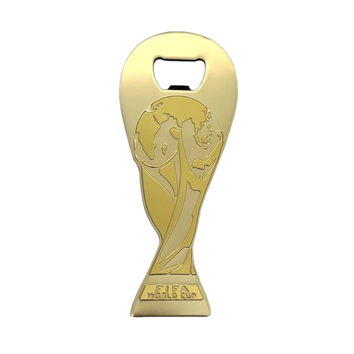 A gold-colored bottle opener shaped like the FIFA World Cup trophy, featuring the trophy's design embossed on the front and the words "FIFA WORLD CUP" engraved at the base.