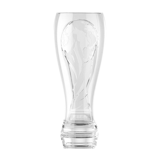 A clear glass vessel with a relief etching of the FIFA World Cup trophy inside it, set against a black background. The base features the etched text "FIFA WORLD CUP".