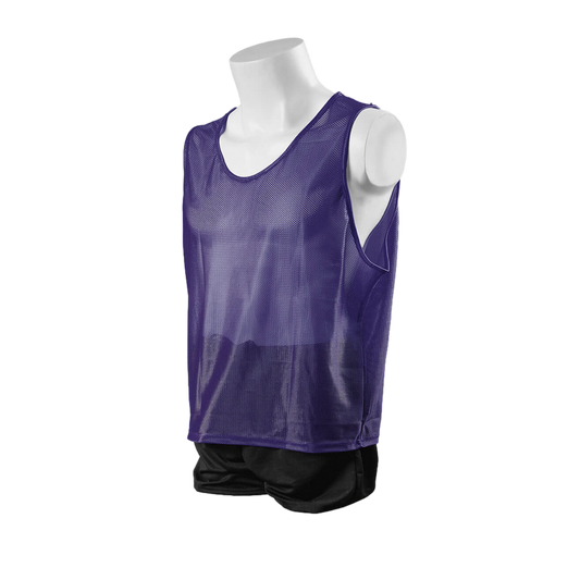A purple mesh sports scrimmage vest displayed on a white torso mannequin against a solid black background.