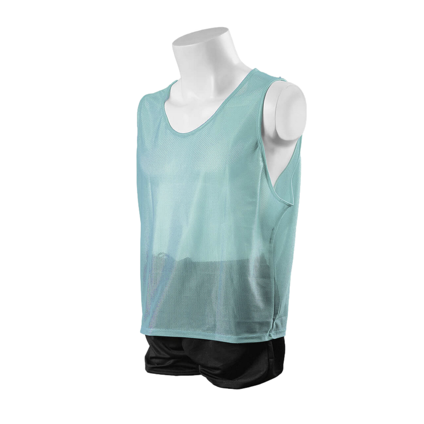 A light blue mesh scrimmage vest shown on a white mannequin with black shorts against a black background.