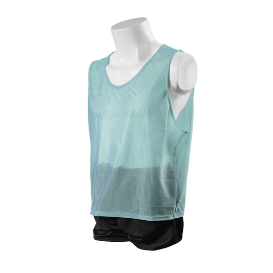 A white mannequin torso and upper legs wearing a light blue mesh training bib and black athletic shorts, set against a solid black background.