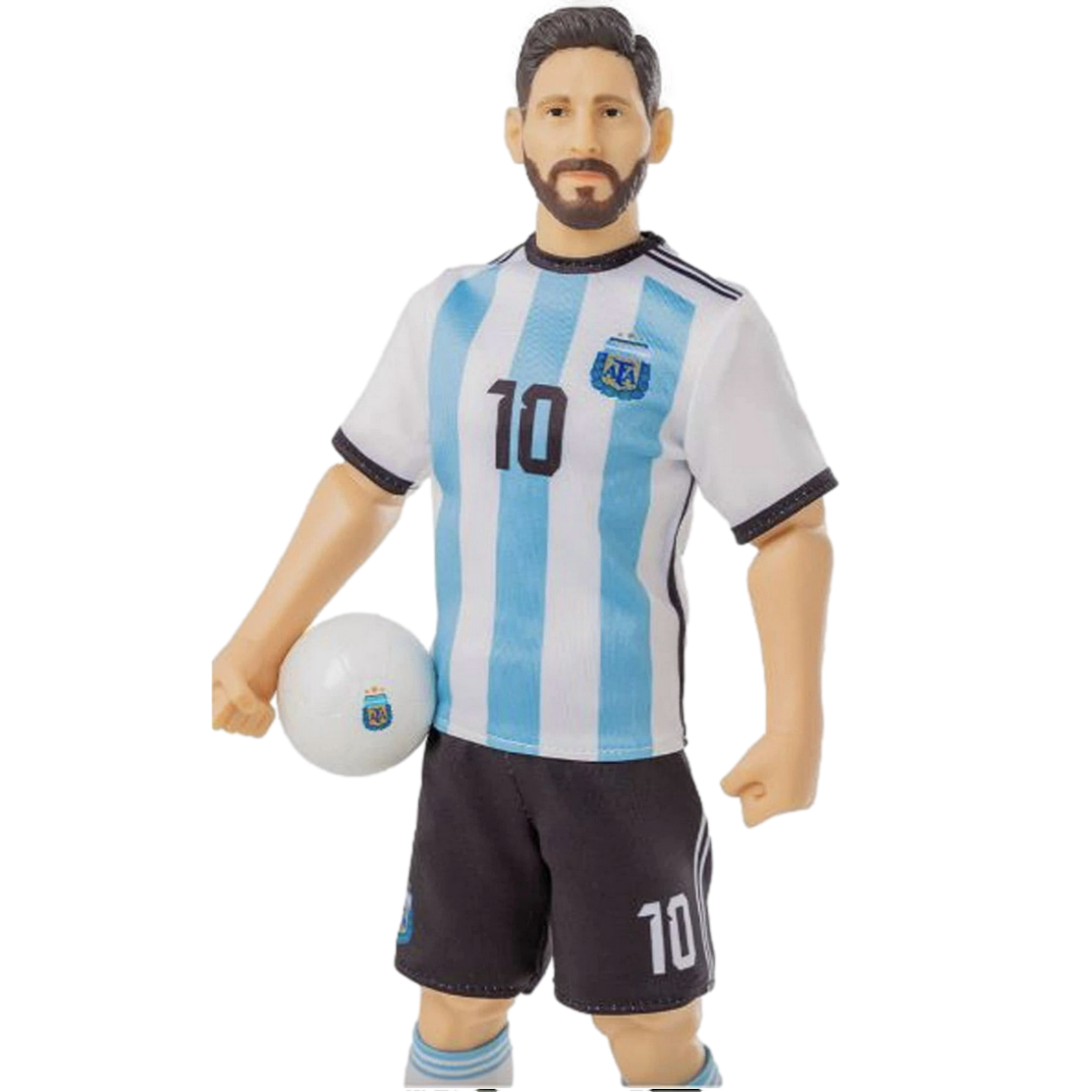 An action figure of soccer player Lionel Messi in an Argentina national team kit, holding a white soccer ball under his right arm against a black background. He is wearing a blue and white striped jersey with the number 10 and the team's crest, along with