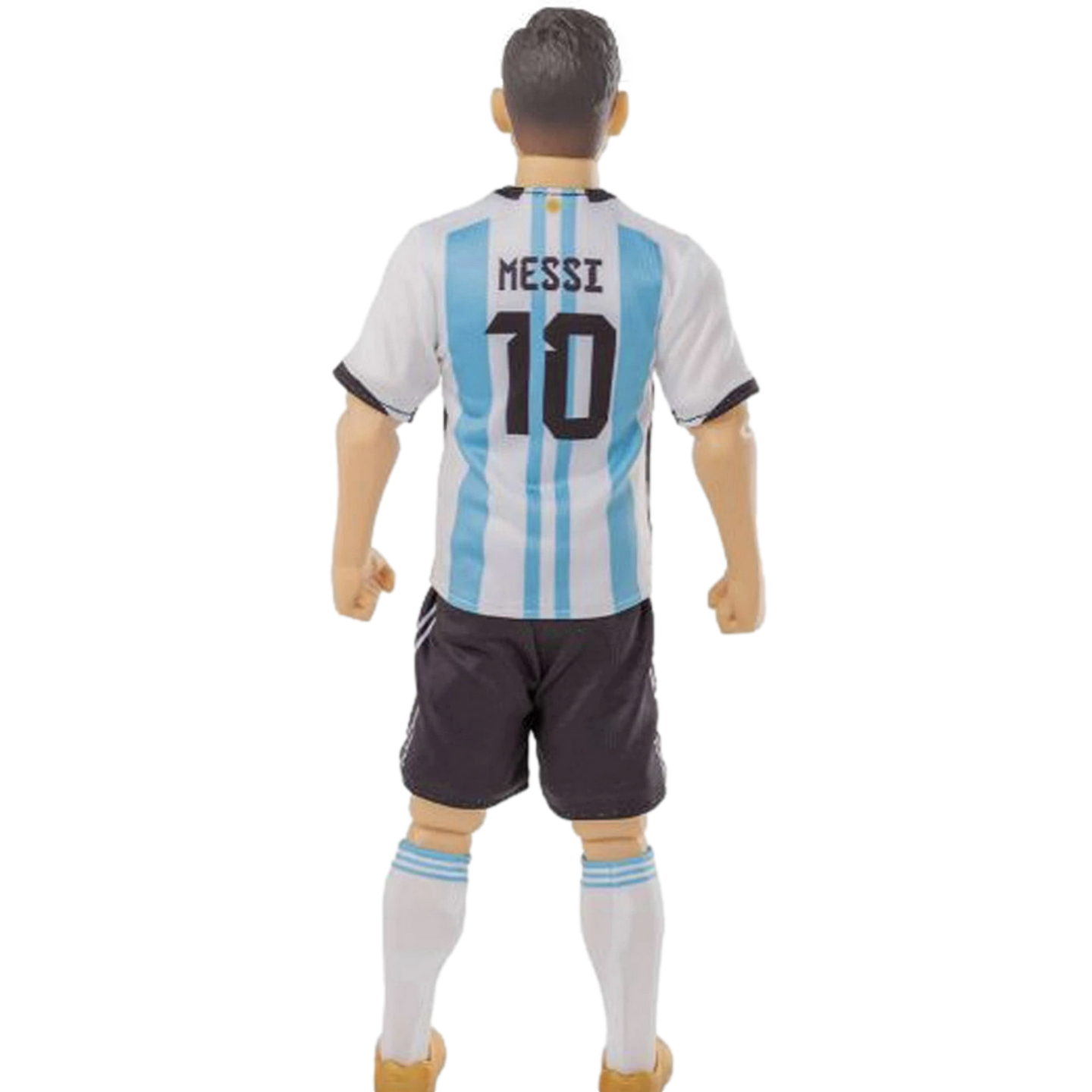 A rear view of a Lionel Messi action figure wearing an Argentina national team kit with "MESSI 10" printed on the back, isolated against a black background.