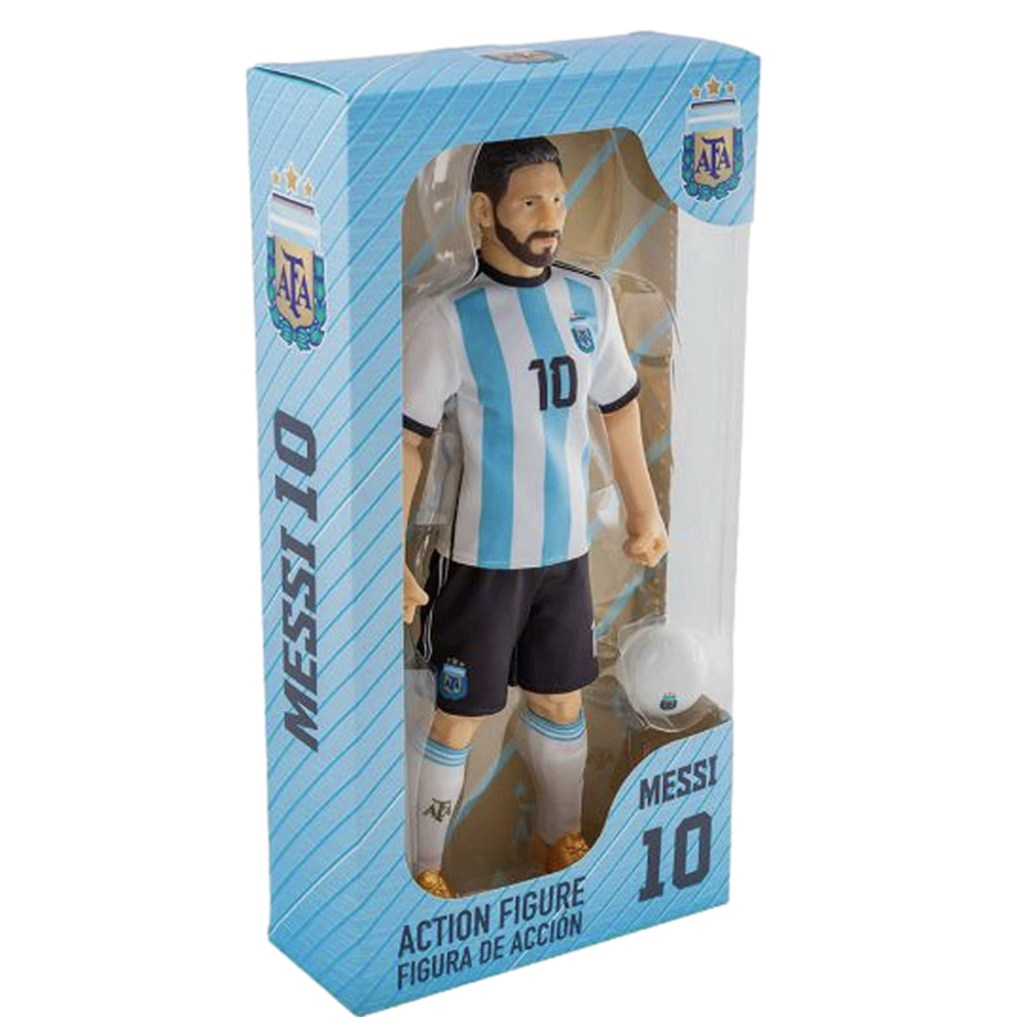 A boxed action figure of Lionel Messi wearing his Argentina national team home kit, complete with the number 10 on his jersey and shorts.