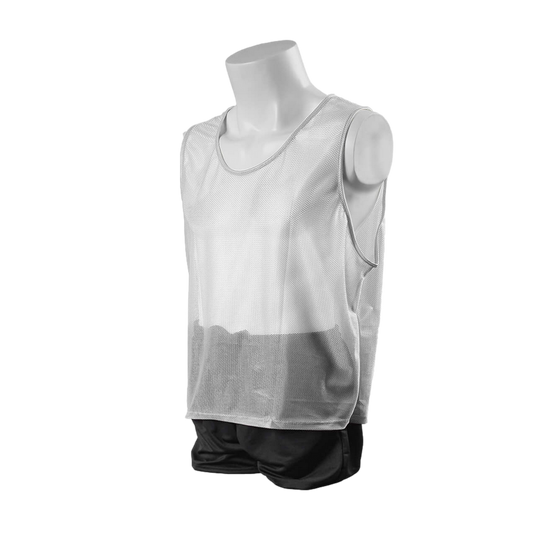 A white mesh athletic training bib with grey trim, displayed on a headless torso mannequin wearing black shorts against a solid black background.