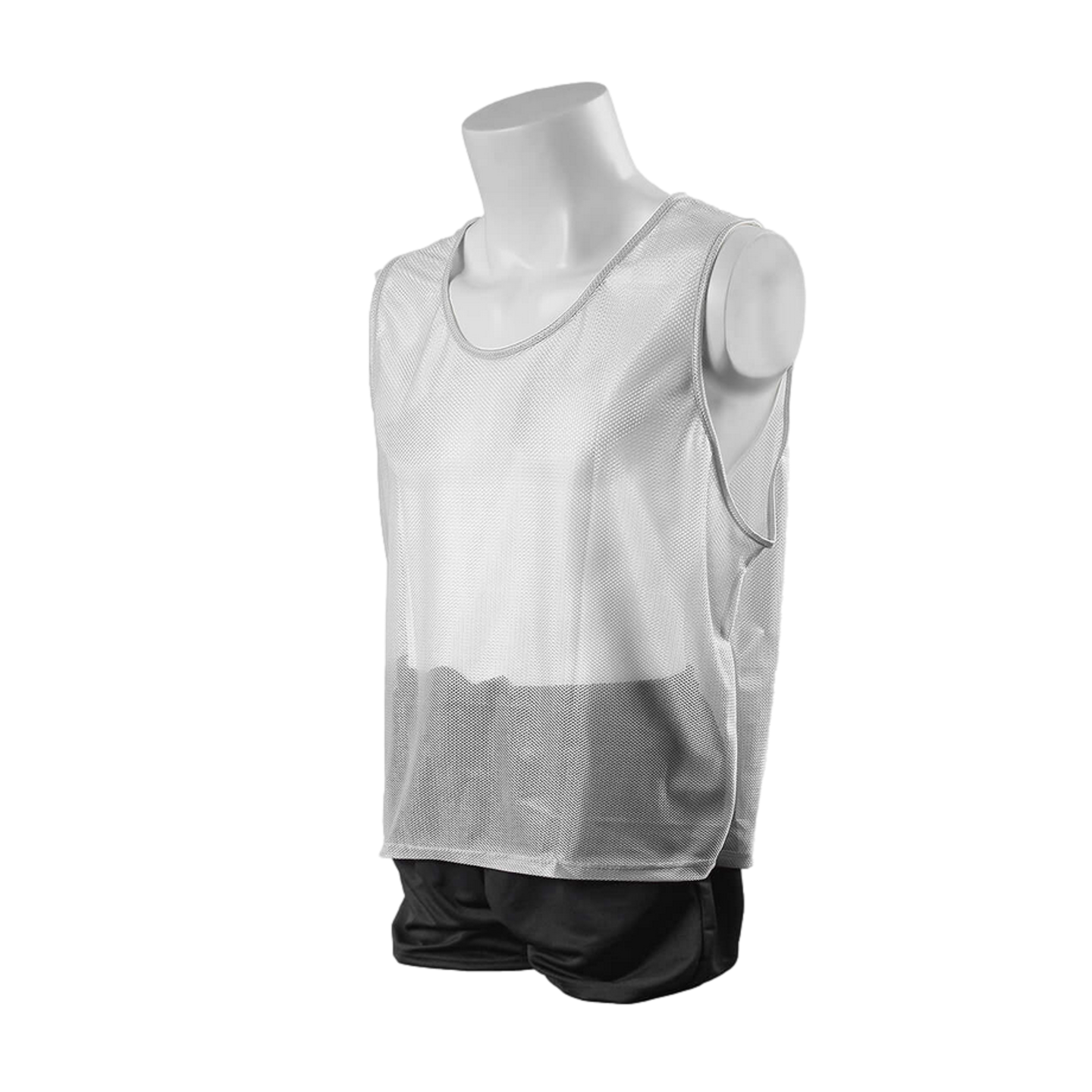 A white mesh sports bib with a scoop neckline, displayed on a white mannequin torso against a black background.